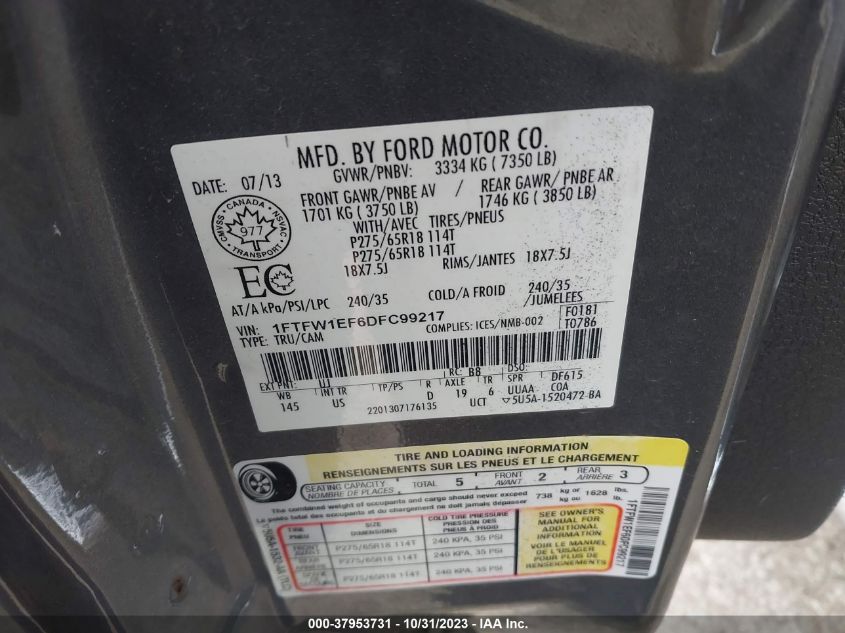 2013 Ford F-150 Xlt VIN: 1FTFW1EF6DFC99217 Lot: 37953731