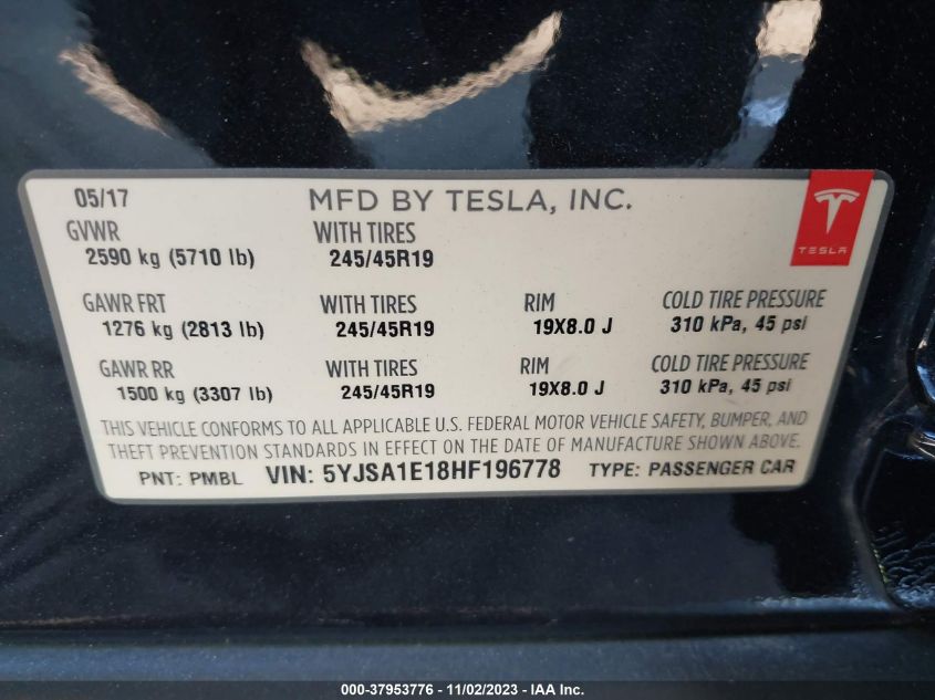 2017 Tesla Model S 60/75 VIN: 5YJSA1E18HF196778 Lot: 37953776