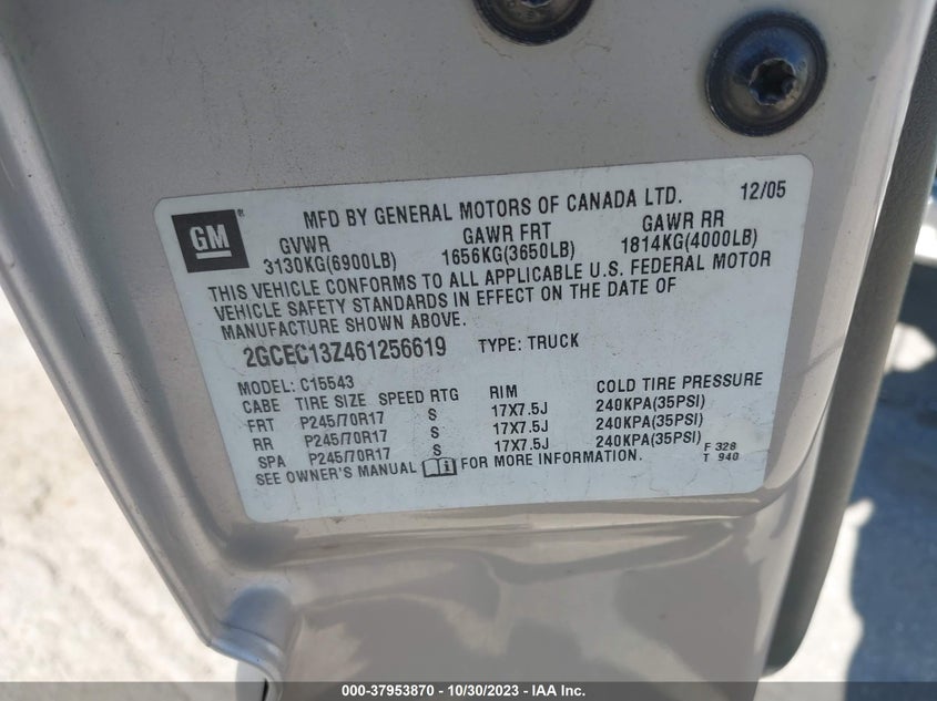 2006 Chevrolet Silverado 1500 Lt1 VIN: 2GCEC13Z461256619 Lot: 37953870