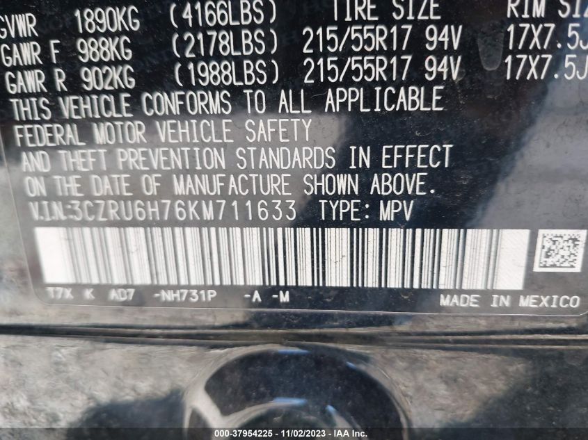2019 Honda Hr-V Ex-L VIN: 3CZRU6H76KM711633 Lot: 37954225