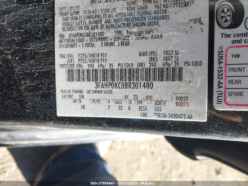 2011 Ford Fusion Sport VIN: 3FAHP0KC0BR301480 Lot: 37954441