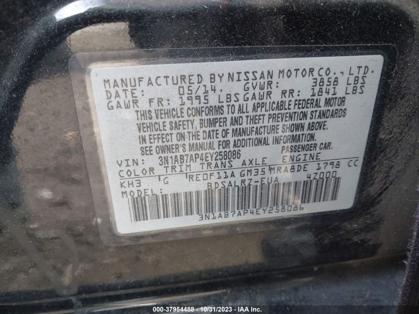 2014 Nissan Sentra Sr VIN: 3N1AB7AP4EY258086 Lot: 37954488