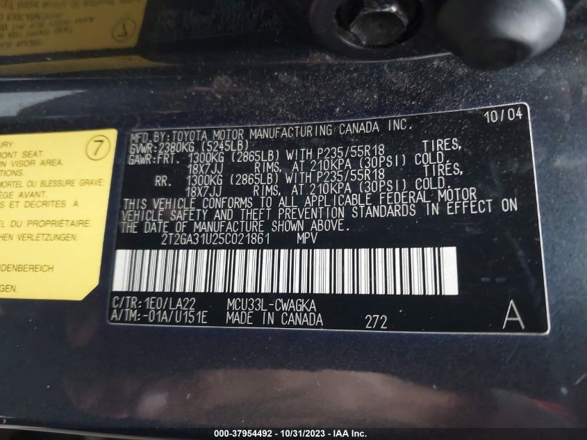 2005 Lexus Rx 330 VIN: 2T2GA31U25C021861 Lot: 37954492