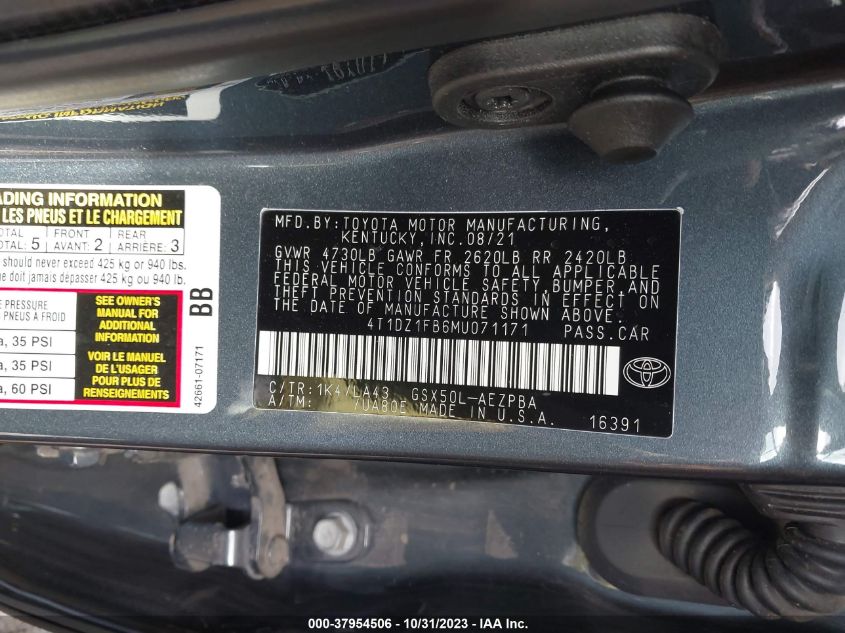 2021 Toyota Avalon Limited VIN: 4T1DZ1FB6MU071171 Lot: 37954506