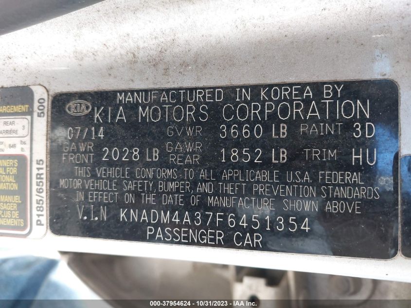 2015 Kia Rio Lx VIN: KNADM4A37F6451354 Lot: 37954624