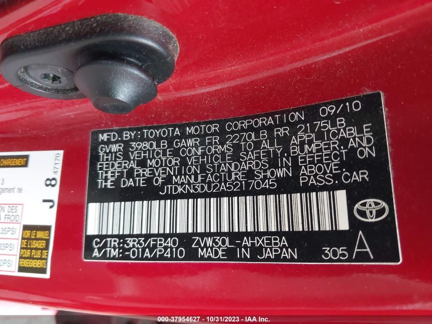 2010 Toyota Prius Iii VIN: JTDKN3DU2A5217045 Lot: 37954627