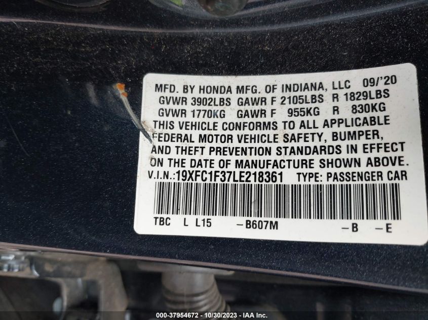 2020 Honda Civic Sedan Ex VIN: 19XFC1F37LE218361 Lot: 37954672