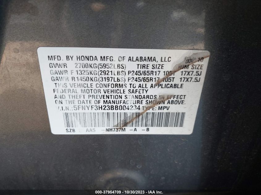 2011 Honda Pilot Lx VIN: 5FNYF3H23BB004234 Lot: 37954709