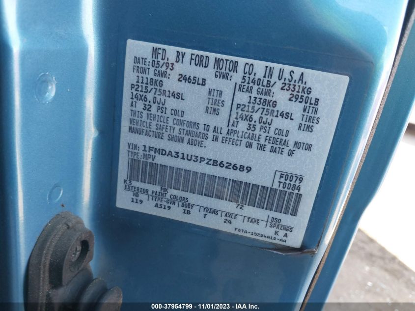 1993 Ford Aerostar VIN: 1FMDA31U3PZB62689 Lot: 37954799