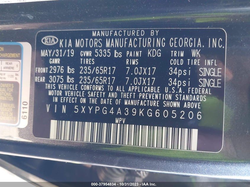 2019 Kia Sorento 2.4L Lx VIN: 5XYPG4A39KG605206 Lot: 37954834