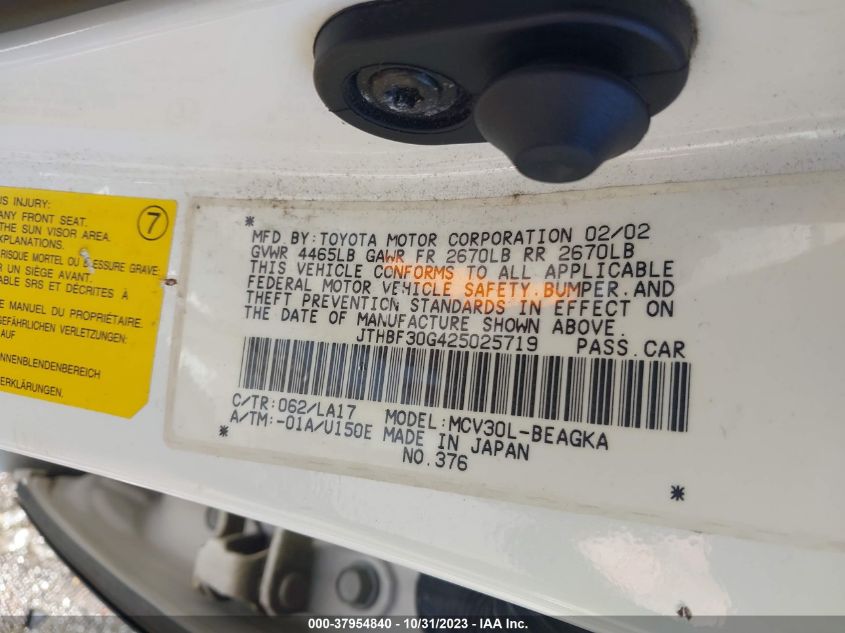 2002 Lexus Es 300 Base (A4) VIN: JTHBF30G425025719 Lot: 37954840