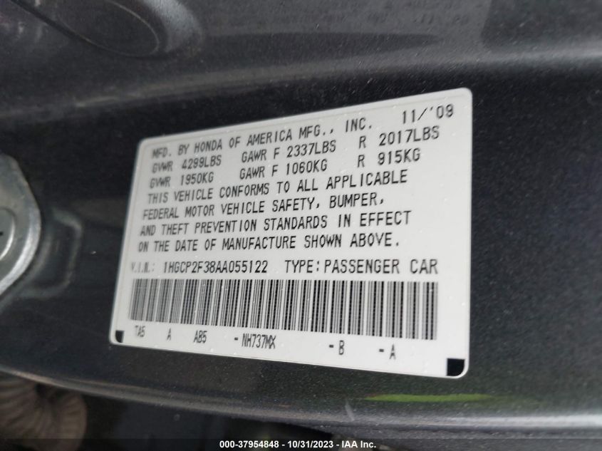 2010 Honda Accord 2.4 Lx VIN: 1HGCP2F38AA055122 Lot: 37954848