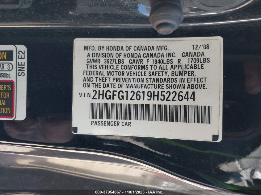 2009 Honda Civic Lx VIN: 2HGFG12619H522644 Lot: 37954867