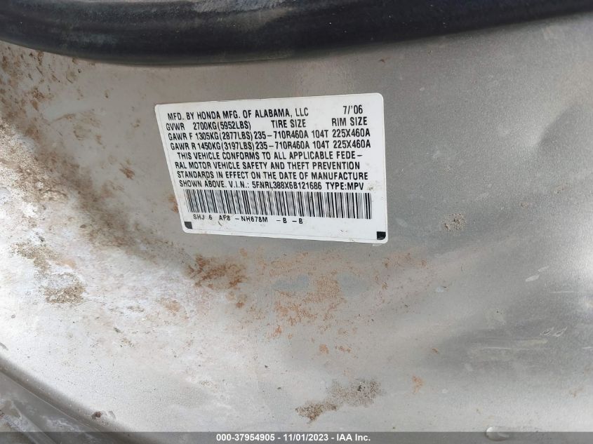 2006 Honda Odyssey Touring VIN: 5FNRL388X6B121686 Lot: 37954905