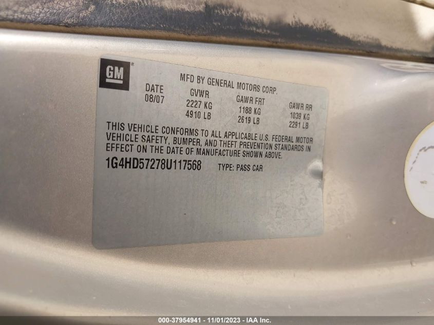 2008 Buick Lucerne Cxl VIN: 1G4HD57278U117568 Lot: 37954941