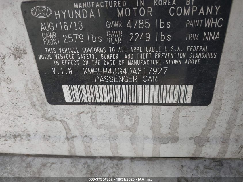 2013 Hyundai Azera VIN: KMHFH4JG4DA317927 Lot: 37954962