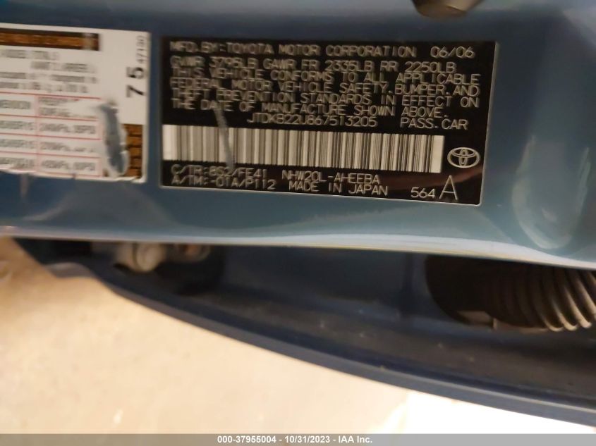 2006 Toyota Prius VIN: JTDKB22U867513205 Lot: 37955004