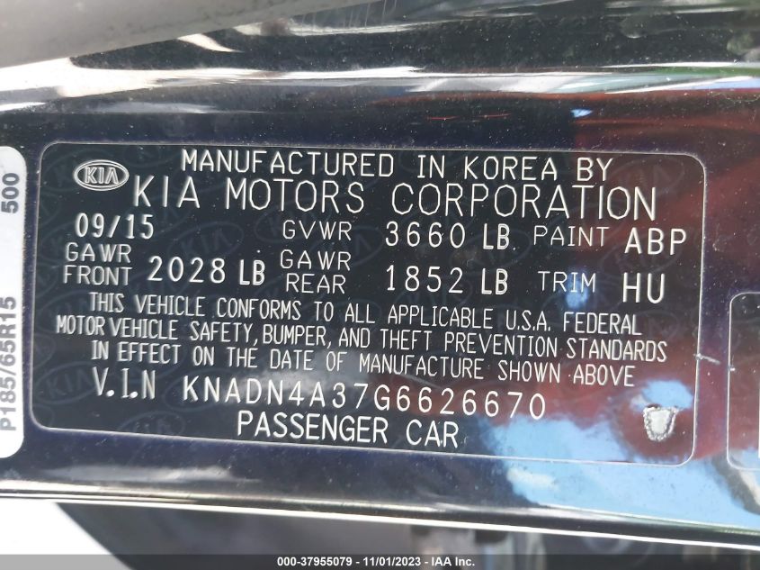 2016 Kia Rio Ex VIN: KNADN4A37G6626670 Lot: 37955079