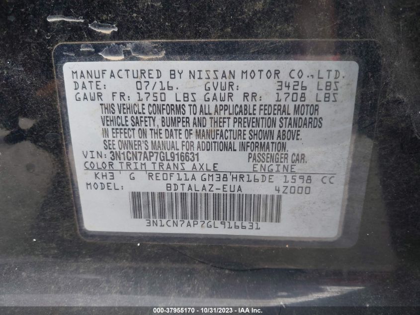 2016 Nissan Versa 1.6 S+ VIN: 3N1CN7AP7GL916631 Lot: 37955170