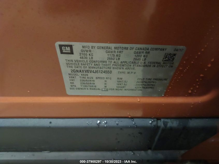 2018 Chevrolet Equinox Premier VIN: 2GNAXVEV4J6124550 Lot: 37955297
