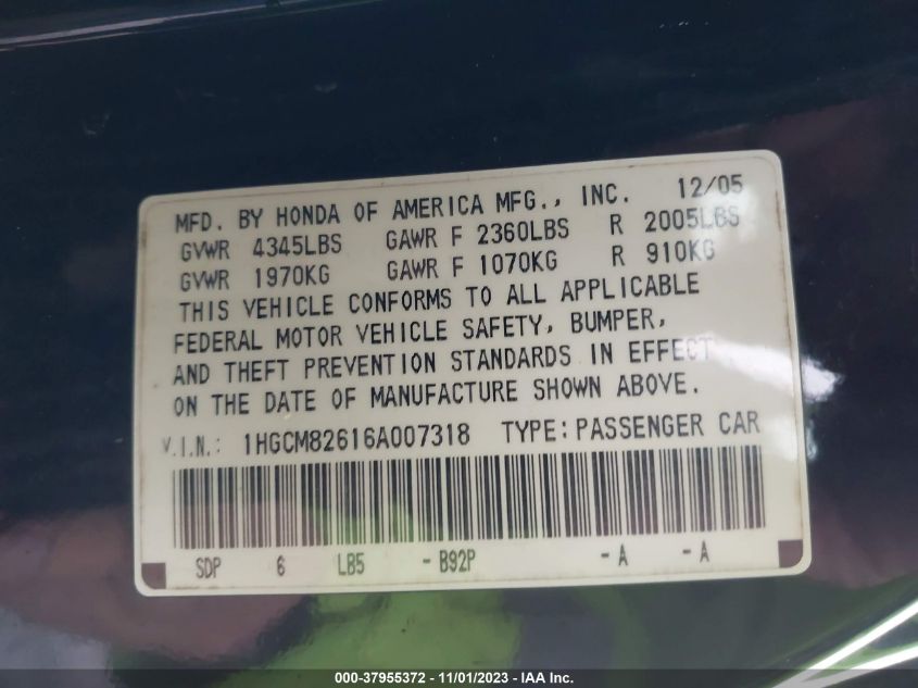 2006 Honda Accord 3.0 Ex VIN: 1HGCM82616A007318 Lot: 37955372