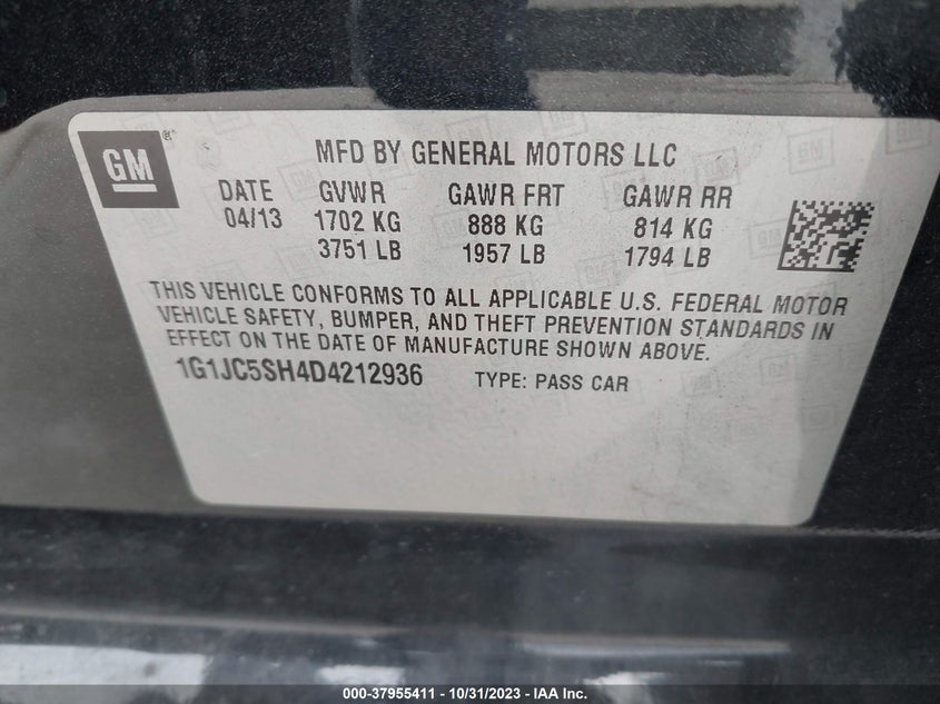 2013 Chevrolet Sonic Lt Auto VIN: 1G1JC5SH4D4212936 Lot: 37955411