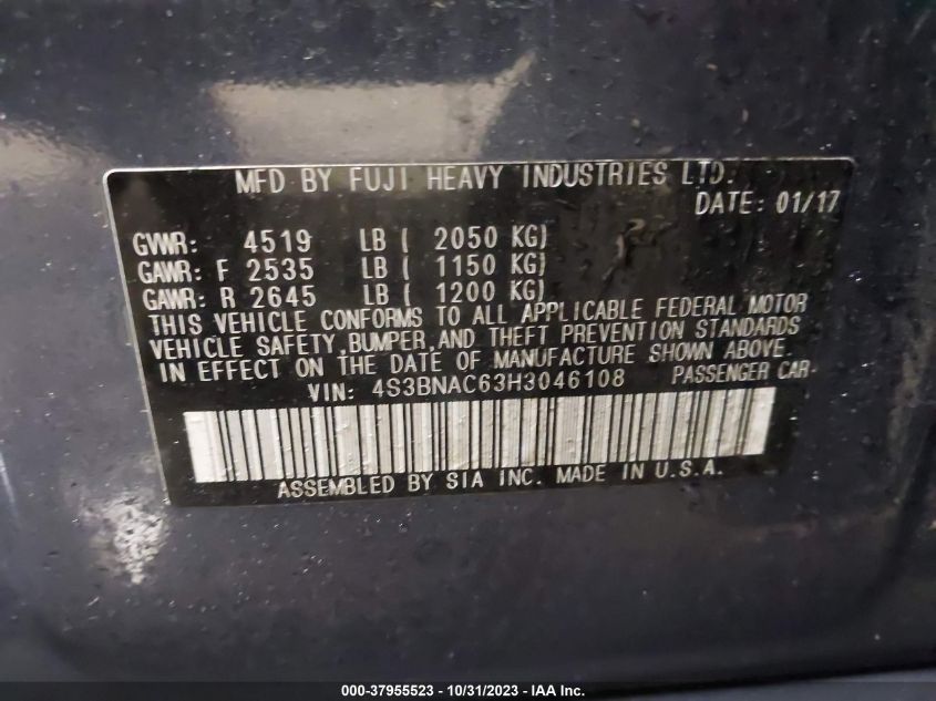 2017 Subaru Legacy 2.5I Premium VIN: 4S3BNAC63H3046108 Lot: 37955523
