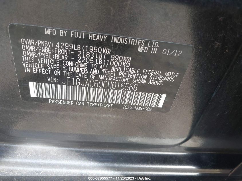 2012 Subaru Impreza 2.0I Premium VIN: JF1GJAC60CH016566 Lot: 37955577