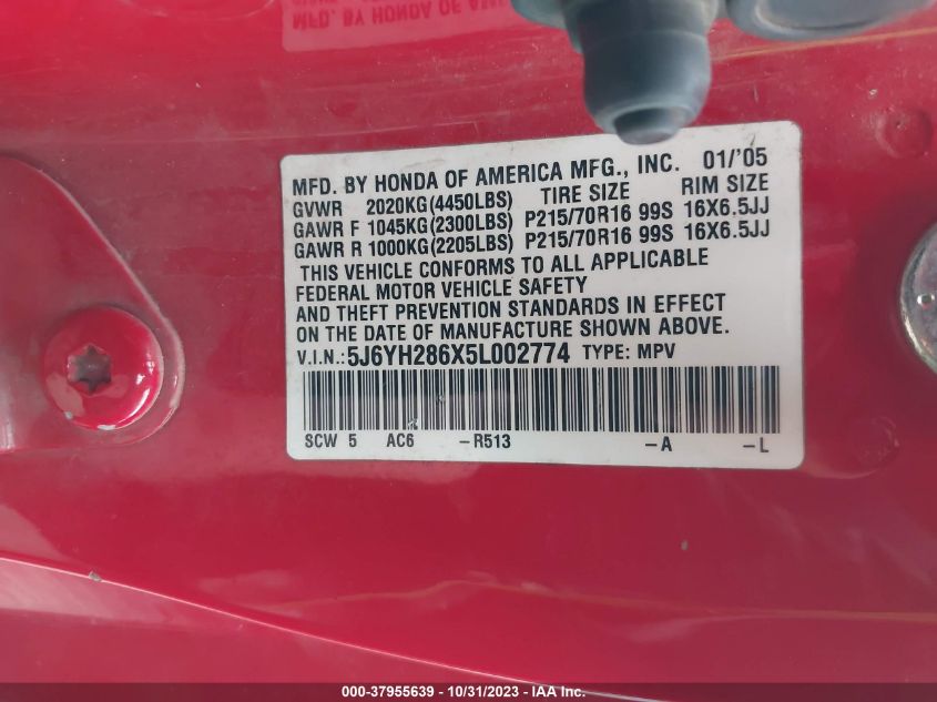 2005 Honda Element Ex VIN: 5J6YH286X5L002774 Lot: 37955639