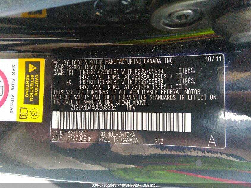 2012 Lexus Rx 350 VIN: 2T2ZK1BAXCC068292 Lot: 37955649