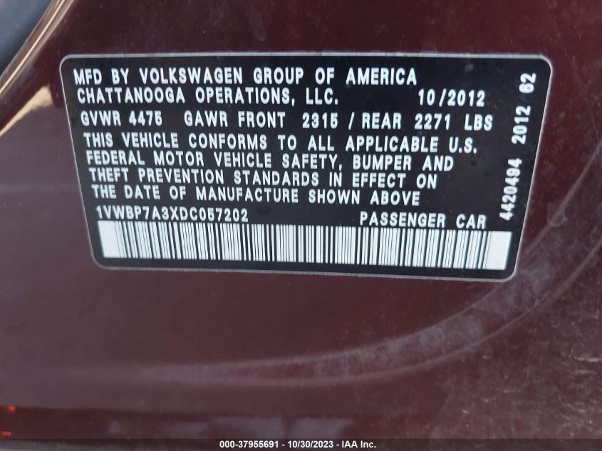 2013 Volkswagen Passat 2.5L Se VIN: 1VWBP7A3XDC057202 Lot: 37955691