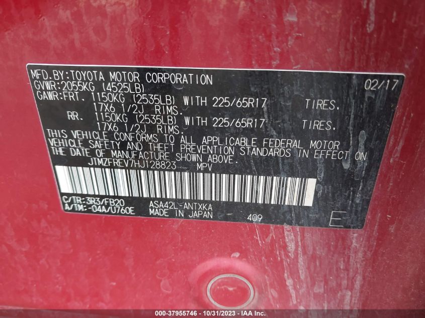 2017 Toyota Rav4 Le VIN: JTMZFREV7HJ128823 Lot: 37955746