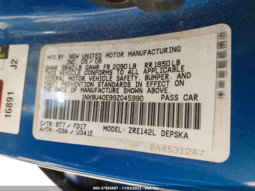 2009 Toyota Corolla VIN: 1NXBU40E99Z045990 Lot: 37955897