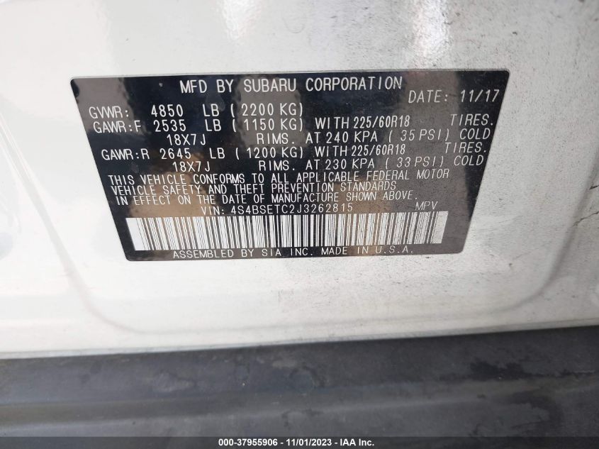 2018 Subaru Outback 3.6R Touring VIN: 4S4BSETC2J3262815 Lot: 37955906