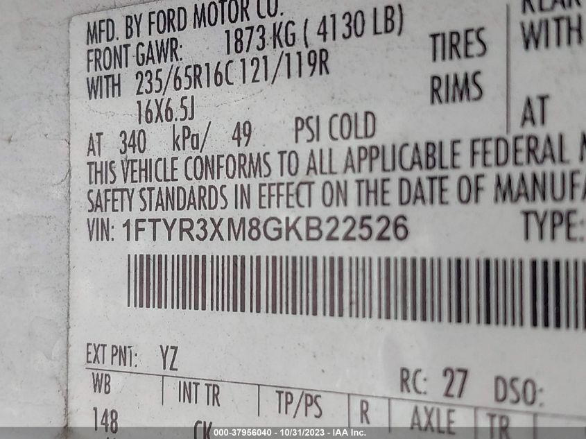 2016 Ford Transit-250 VIN: 1FTYR3XM8GKB22526 Lot: 37956040