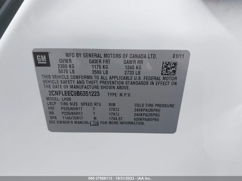 2011 Chevrolet Equinox 1Lt VIN: 2CNFLEEC9B6351223 Lot: 37956113