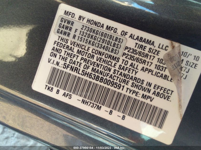 2011 Honda Odyssey Ex-L VIN: 5FNRL5H63BB009591 Lot: 37956154