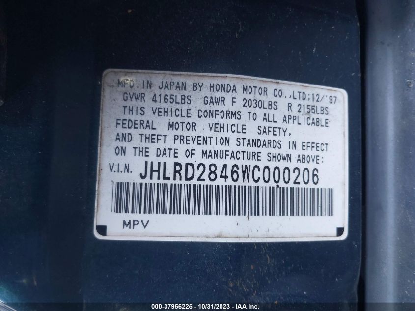 1998 Honda Cr-V Lx VIN: JHLRD2846WC000206 Lot: 37956225