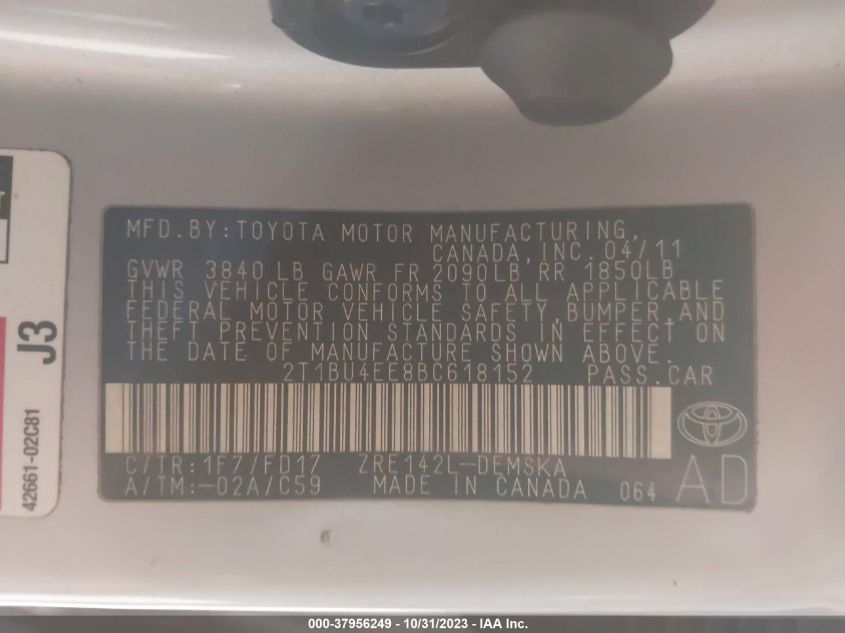 2011 Toyota Corolla S VIN: 2T1BU4EE8BC618152 Lot: 37956249