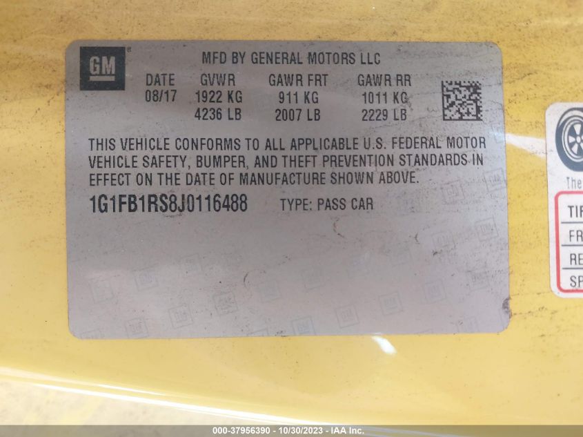 2018 Chevrolet Camaro 1Lt VIN: 1G1FB1RS8J0116488 Lot: 37956390