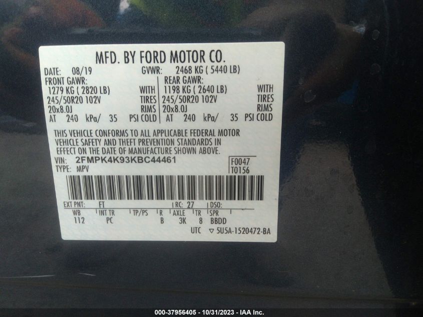 2019 Ford Edge Titanium VIN: 2FMPK4K93KBC44461 Lot: 37956405