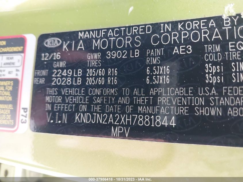 2017 Kia Soul Base VIN: KNDJN2A2XH7881844 Lot: 37956418