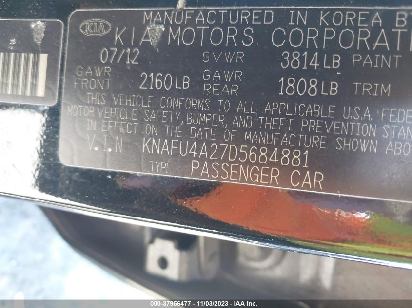 2013 Kia Forte Ex VIN: KNAFU4A27D5684881 Lot: 37956477