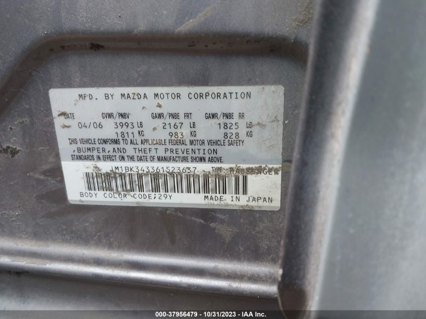 2006 Mazda Mazda3 S Touring VIN: JM1BK343361523637 Lot: 37956479