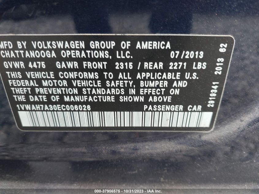 2014 Volkswagen Passat 2.5L S VIN: 1VWAH7A30EC006026 Lot: 37956575