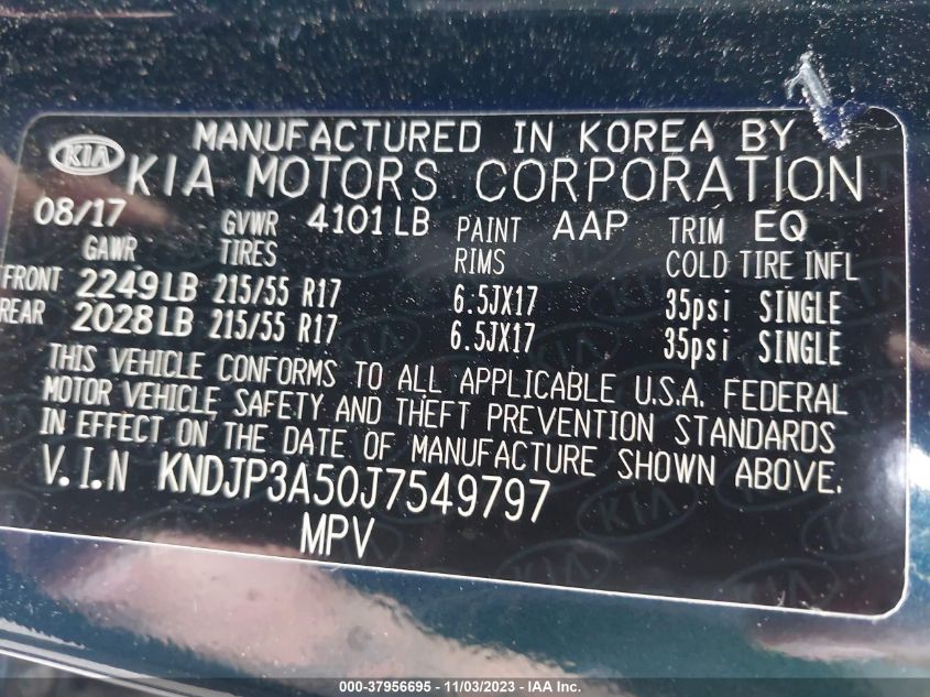 2018 Kia Soul + VIN: KNDJP3A50J7549797 Lot: 37956695
