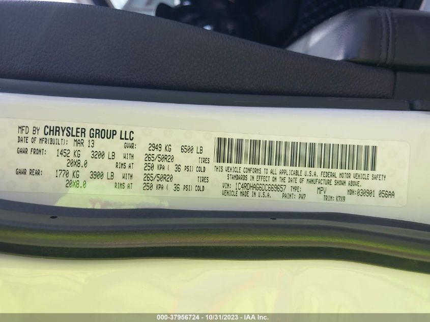 2013 Dodge Durango Sxt VIN: 1C4RDHAG6DC669657 Lot: 37956724