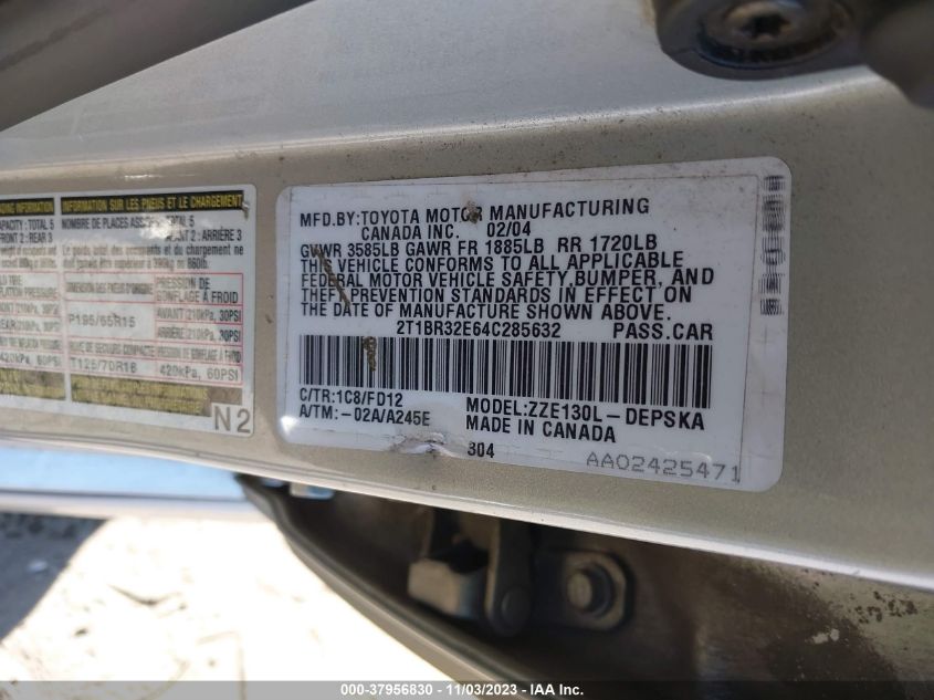 2004 Toyota Corolla Ce/S/Le VIN: 2T1BR32E64C285632 Lot: 37956830