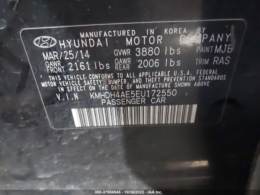 2014 Hyundai Elantra Se (Ulsan Plant) VIN: KMHDH4AE5EU172550 Lot: 37956945