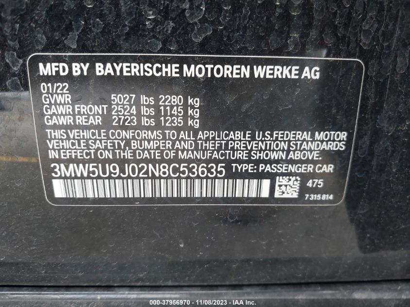 2022 BMW 3 Series M340I xDrive VIN: 3MW5U9J02N8C53635 Lot: 37956970